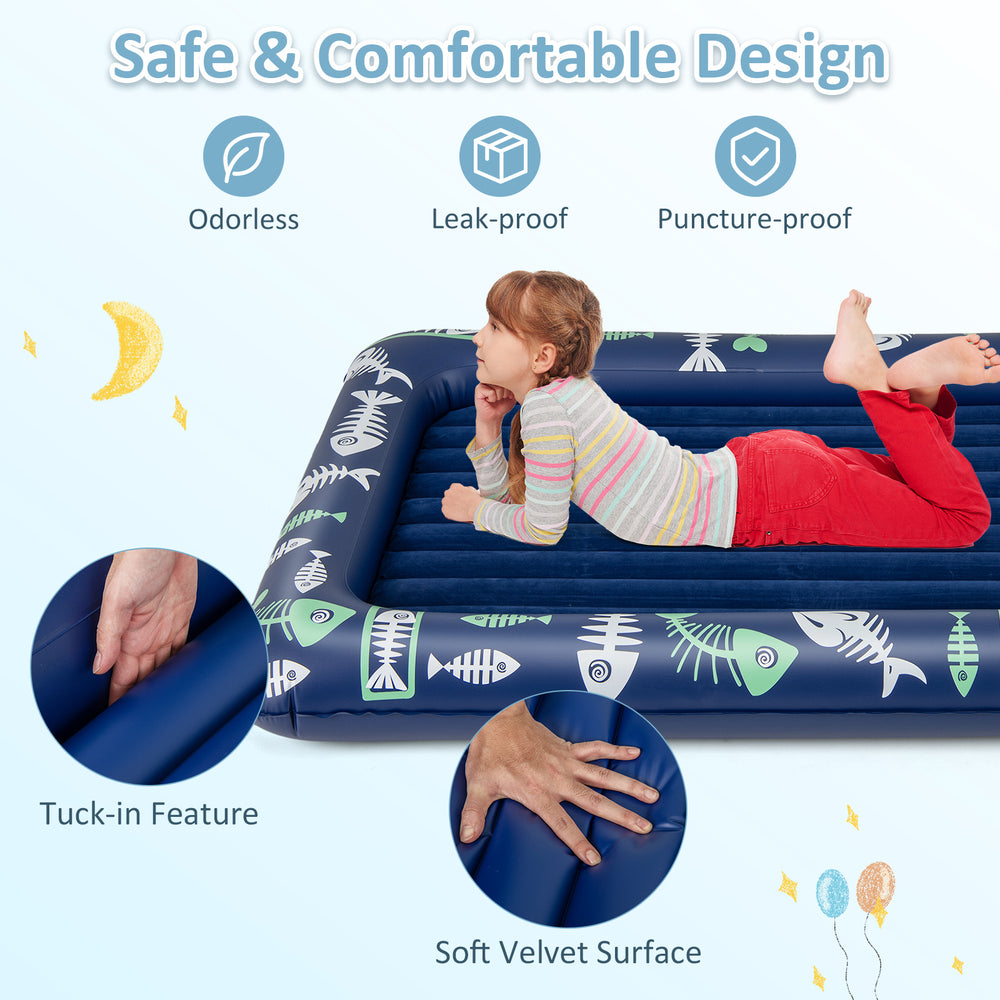 Inflatable toddler travel bed in blue with soft velvet surface, raised bed rails, and included electric pump for safety.