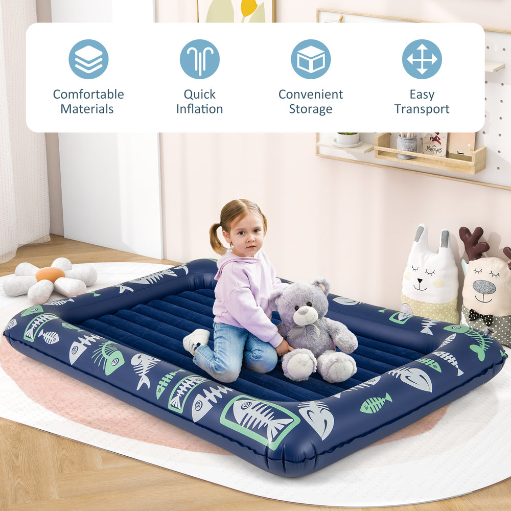 Inflatable toddler travel bed in blue with raised bed rails, soft flocking surface, and electric pump for easy.