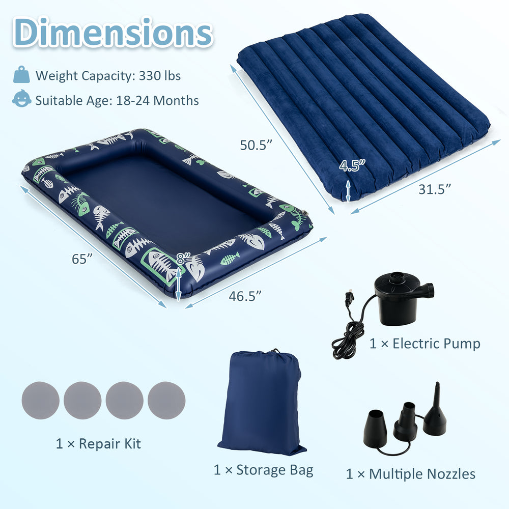 Inflatable toddler travel bed in blue with raised bed rails, electric pump, and storage bag for safe and comfortable.