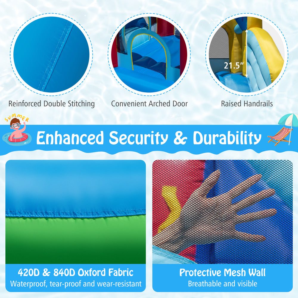 Inflatable water park slide with protective mesh walls, 420D Oxford fabric, and raised handrails for safe play.