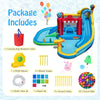 Inflatable water park with slide, splash pool, and bounce house for kids' outdoor fun, includes carrying bag and repair.