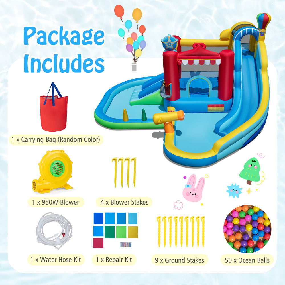 Inflatable water park with slide, splash pool, and bounce house for kids' outdoor fun, includes carrying bag and repair.