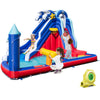 Colorful 6-in-1 inflatable water park with slide, pool, and games for summer fun, includes 735W blower for quick setup.