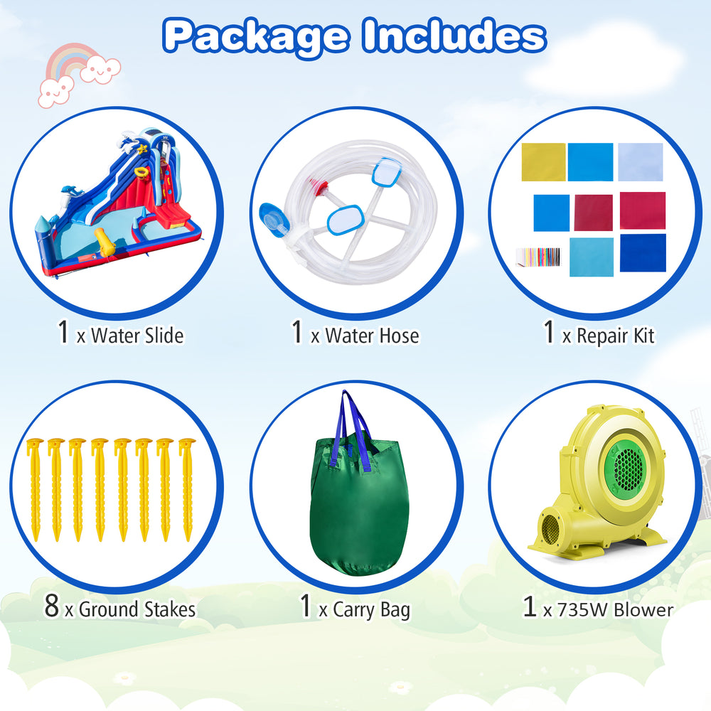 6-in-1 inflatable water park includes a water slide, splash pool, and 735W blower for summer fun and indoor play.