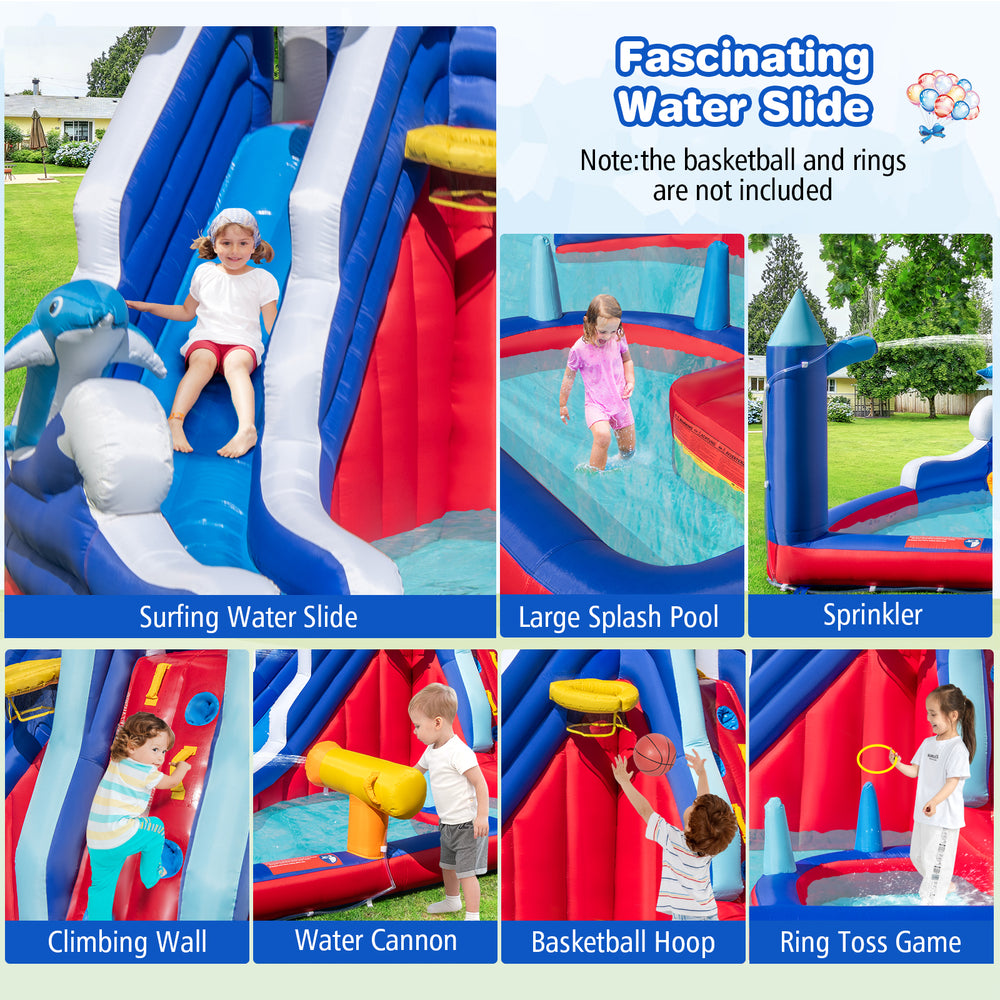 Inflatable water park featuring a surfing slide, climbing wall, and splash pool for summer fun and safe play.