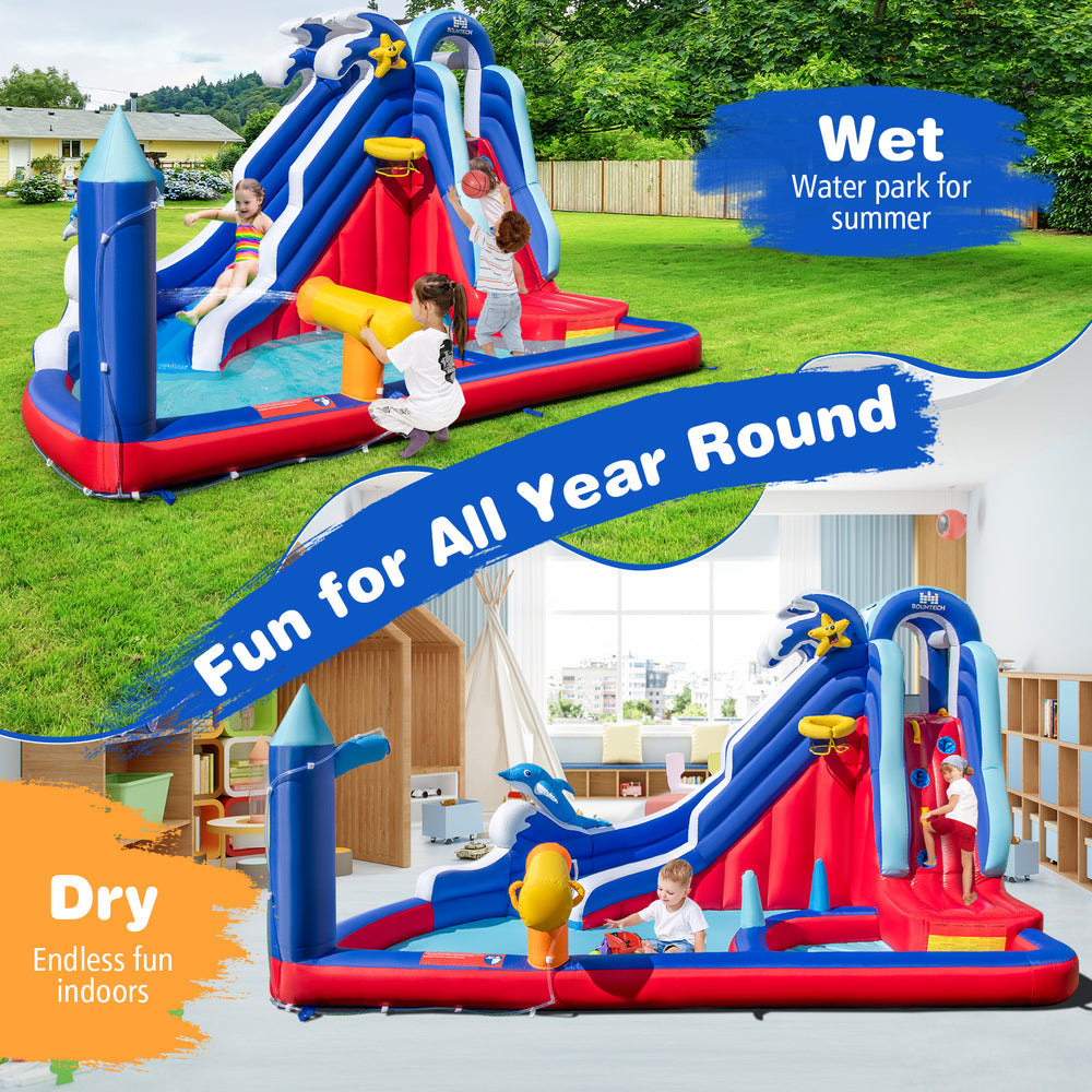 6-in-1 inflatable water park featuring a climbing wall and water slide, perfect for summer fun or indoor play.