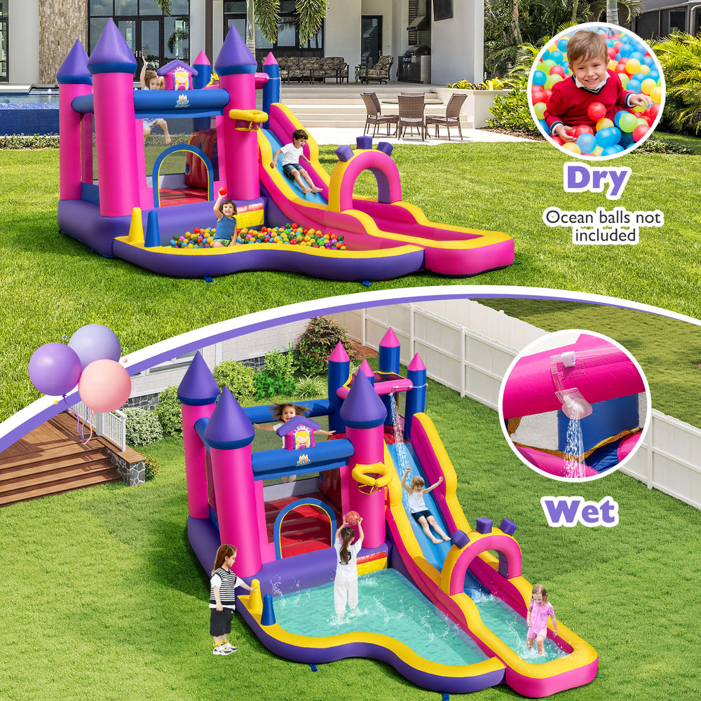 Inflatable princess-themed bounce castle with water slide, climbing wall, and ball pit for outdoor fun in wet or dry.
