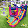 Princess-themed inflatable water slide with climbing wall, splash pool, and basketball hoop for kids aged 3-12 years.