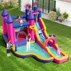 Princess-themed inflatable water slide bounce castle with climbing wall and splash pool for outdoor fun.