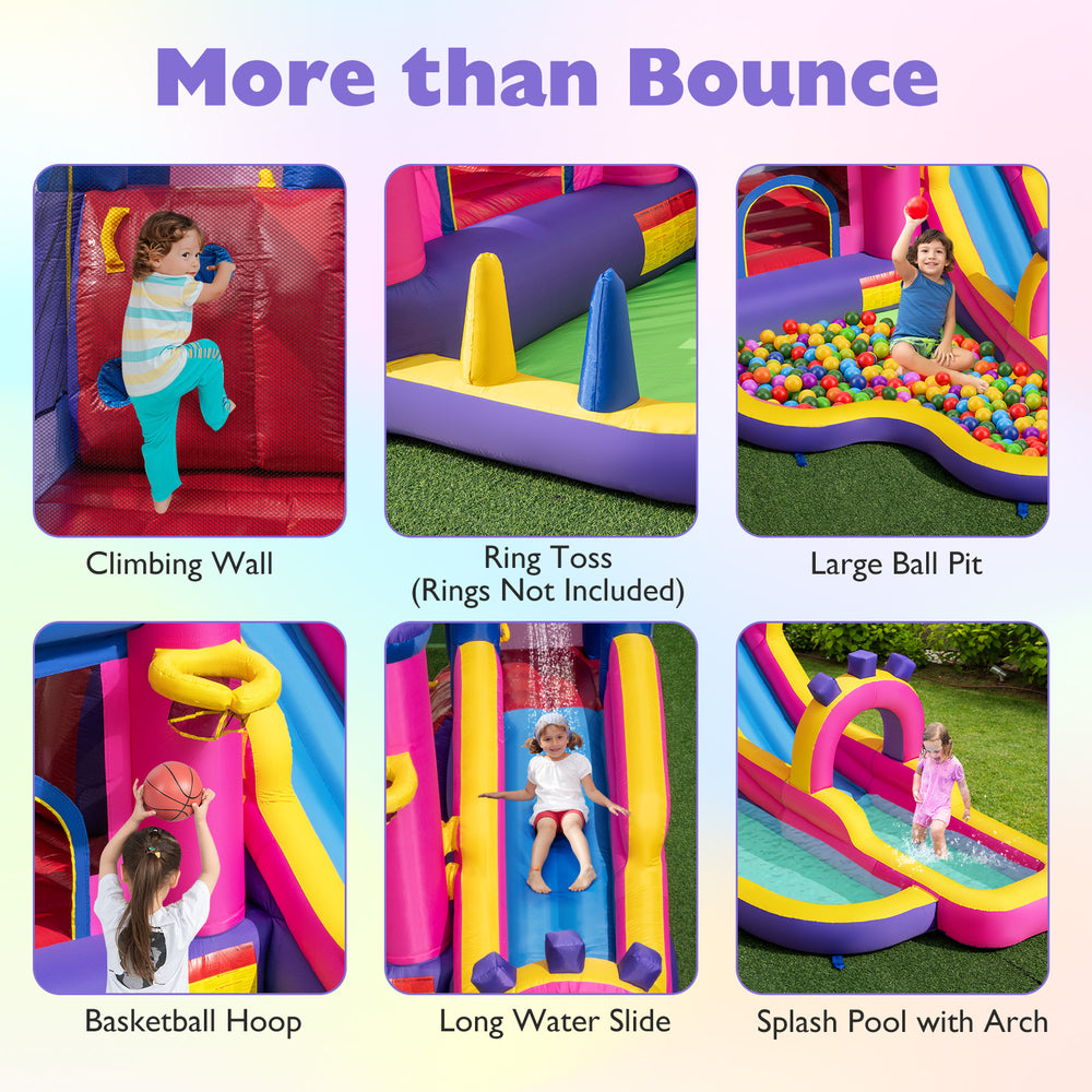 Inflatable water slide with climbing wall, basketball hoop, and large ball pit for outdoor fun and play.