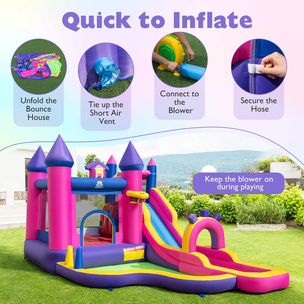 Inflatable water slide princess-themed bounce castle with climbing wall, includes 680W blower for quick inflation and.
