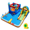Inflatable water slide park featuring a bouncy castle, climbing wall, splash pool, and water cannon for outdoor fun.
