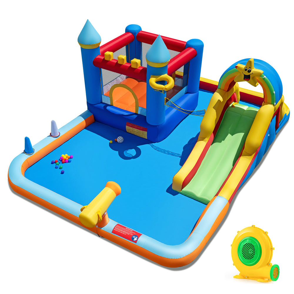 Inflatable water slide park featuring a bouncy castle, climbing wall, splash pool, and water cannon for outdoor fun.