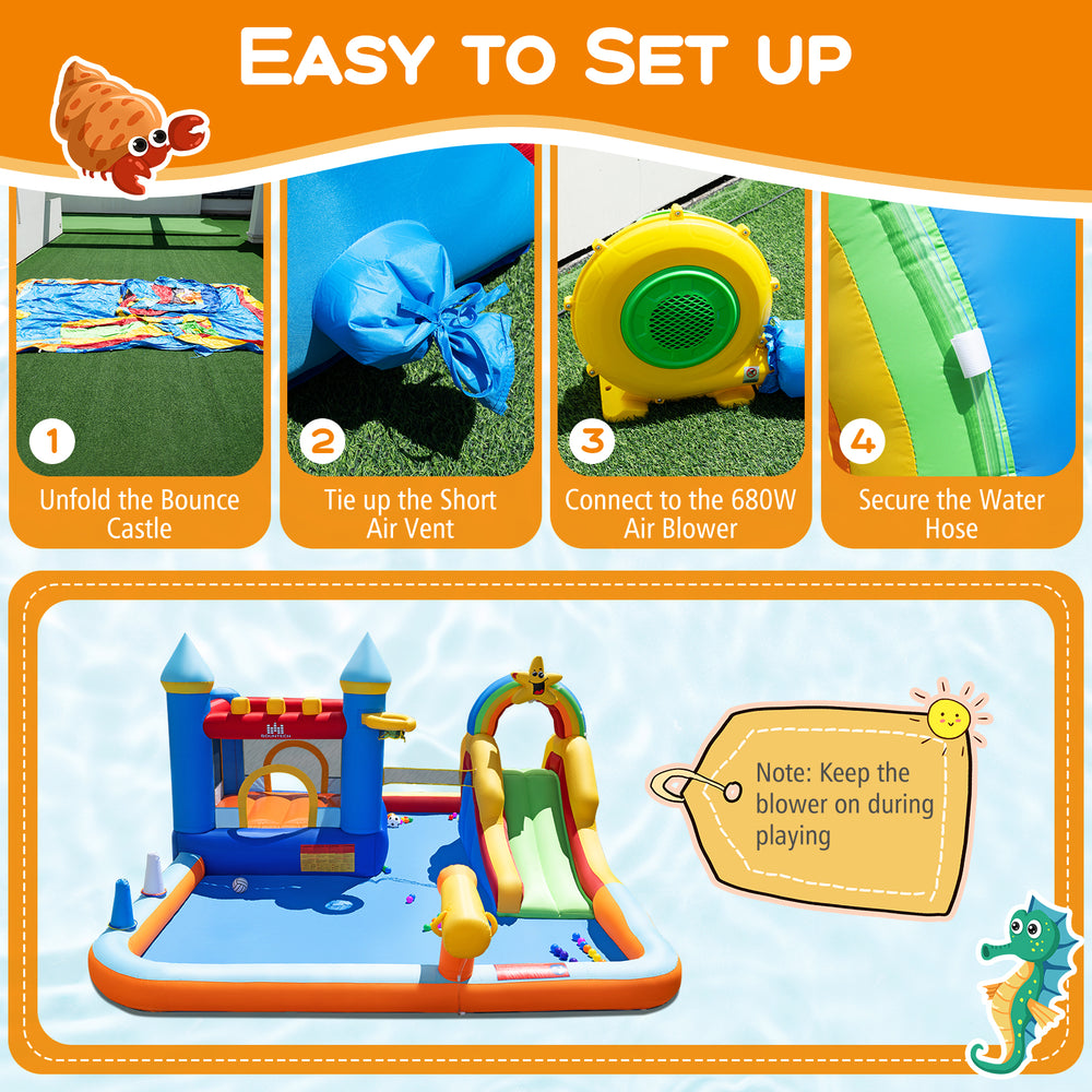 Inflatable water slide park bouncy castle with climbing wall, splash pool, and blower for outdoor fun and parties.