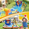 Inflatable water slide park with climbing wall, splash pool, and water cannon for outdoor fun and energetic play.