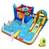 Inflatable water slide park with climbing wall, splash pool, and water cannon for kids' outdoor fun and activities.