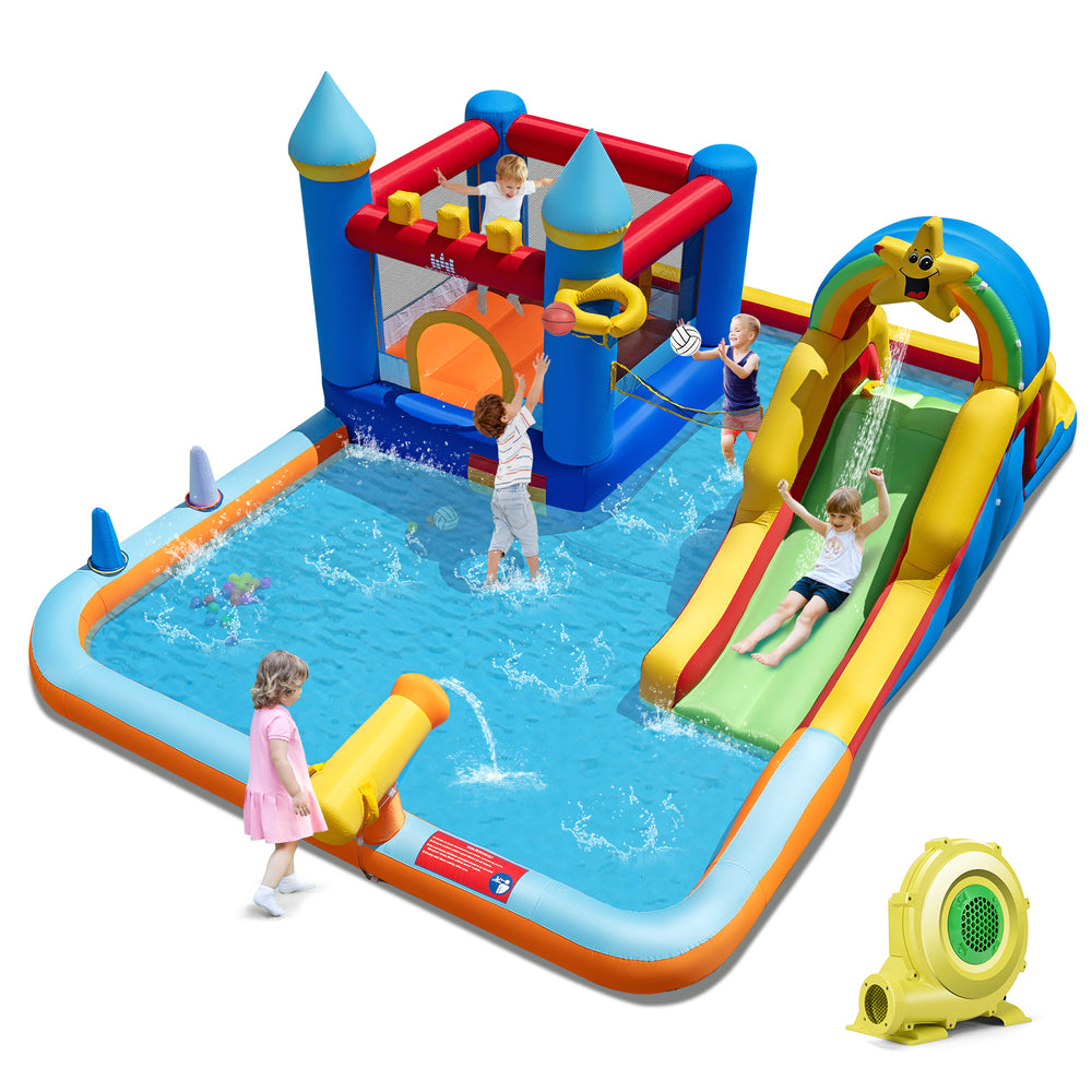 Inflatable water slide park with climbing wall, splash pool, and water cannon for kids' outdoor fun and activities.