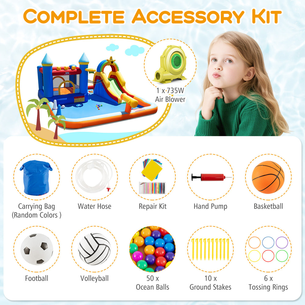 Inflatable water slide park with climbing wall, splash pool, and 735W blower, perfect for kids' outdoor fun.