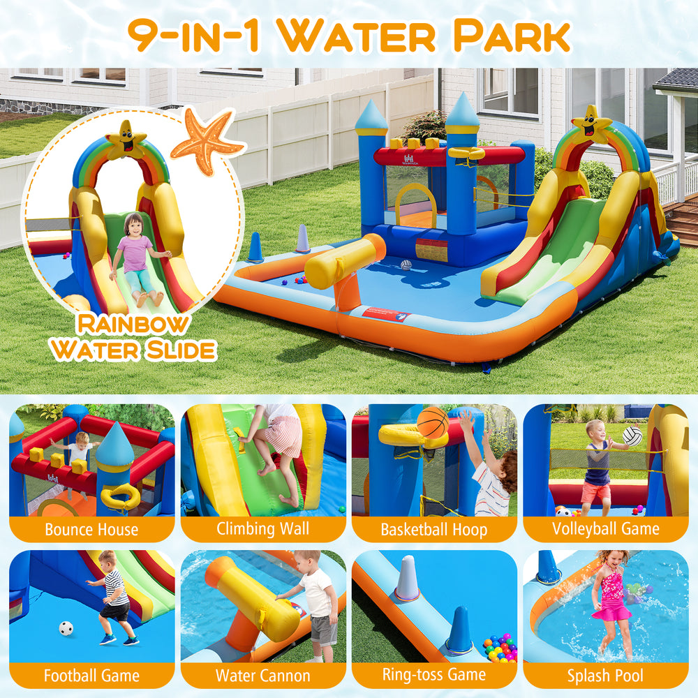 Inflatable water slide park featuring a climbing wall, splash pool, and various games for outdoor fun and active play.
