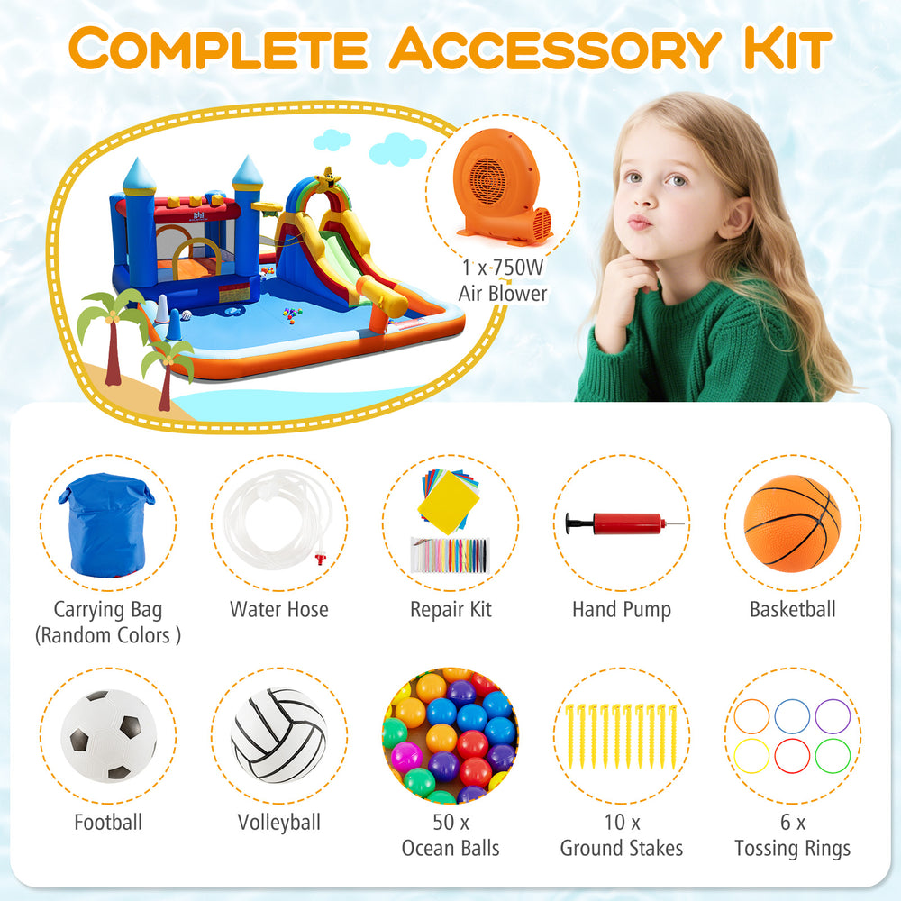Inflatable water slide park with climbing wall, splash pool, and games for kids, made from durable 420D oxford cloth.
