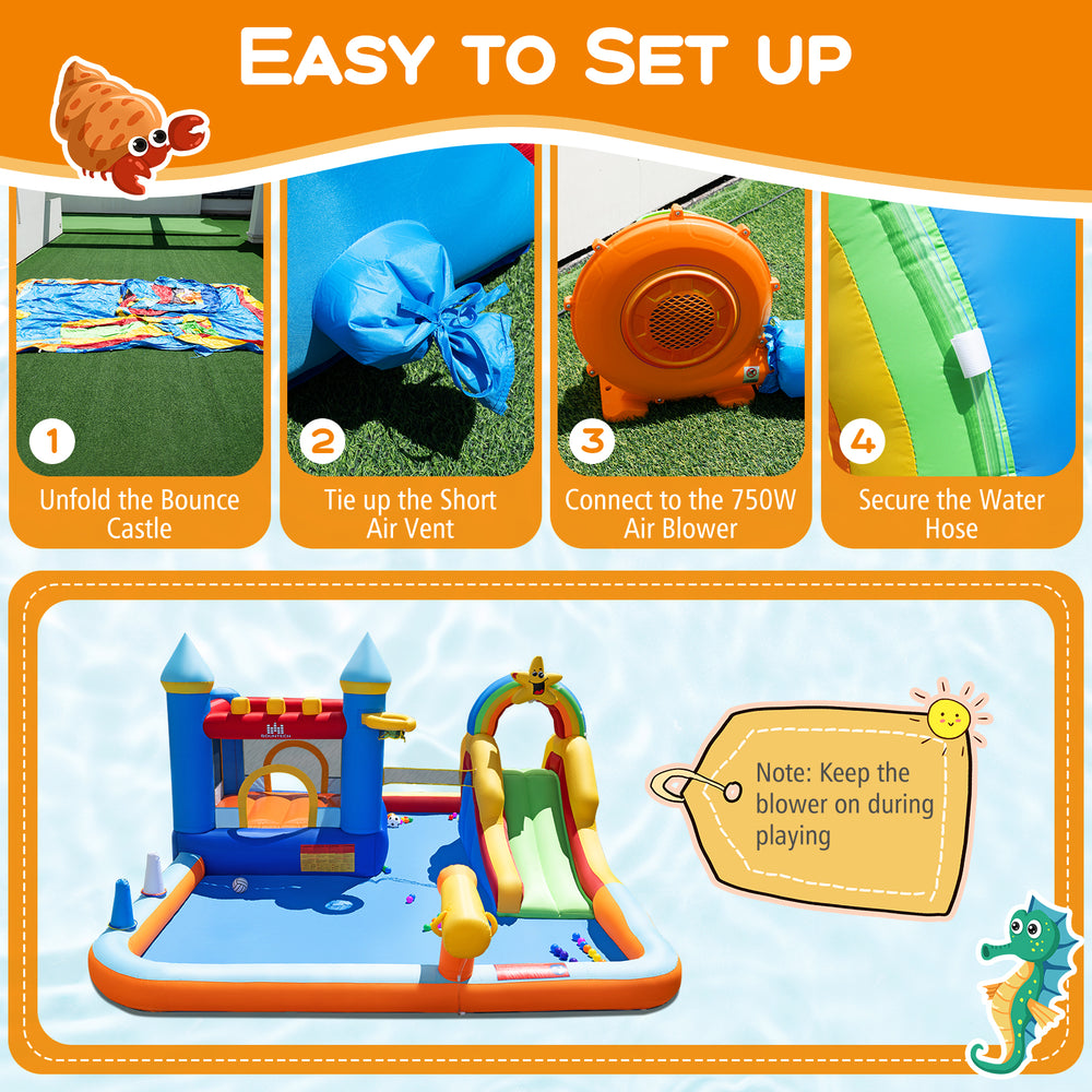 Inflatable water slide park with climbing wall, splash pool, and 750W blower, perfect for kids' outdoor fun.
