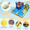 Inflatable water slide park features a climbing wall, splash pool, and water cannon, made from durable 420D oxford.