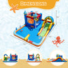Inflatable water slide park with climbing wall, splash pool, and games, perfect for kids' outdoor fun and parties.