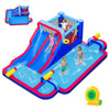 Giant inflatable water slide park with double slides, splash pool, and water cannons for summer fun and active play.