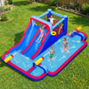 Kids enjoying the inflatable water slide park featuring a climbing wall, splash pool, and colorful design for summer.