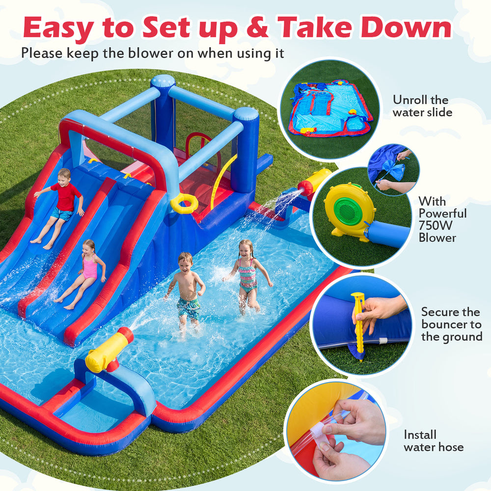 Giant inflatable water slide park with double slides, splash pool, and 750W blower for summer fun and active play.