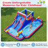 Inflatable water slide park with double slides, splash pool, and basketball hoop for kids' summer fun and active play.