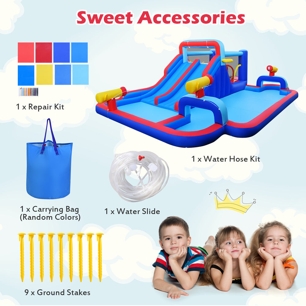 Inflatable water slide park with double slides, splash pool, and water cannons for kids' outdoor fun.