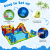 Inflatable Water Slide Bounce House with 735W blower, featuring climbing, sliding, and sports activities for kids' fun.