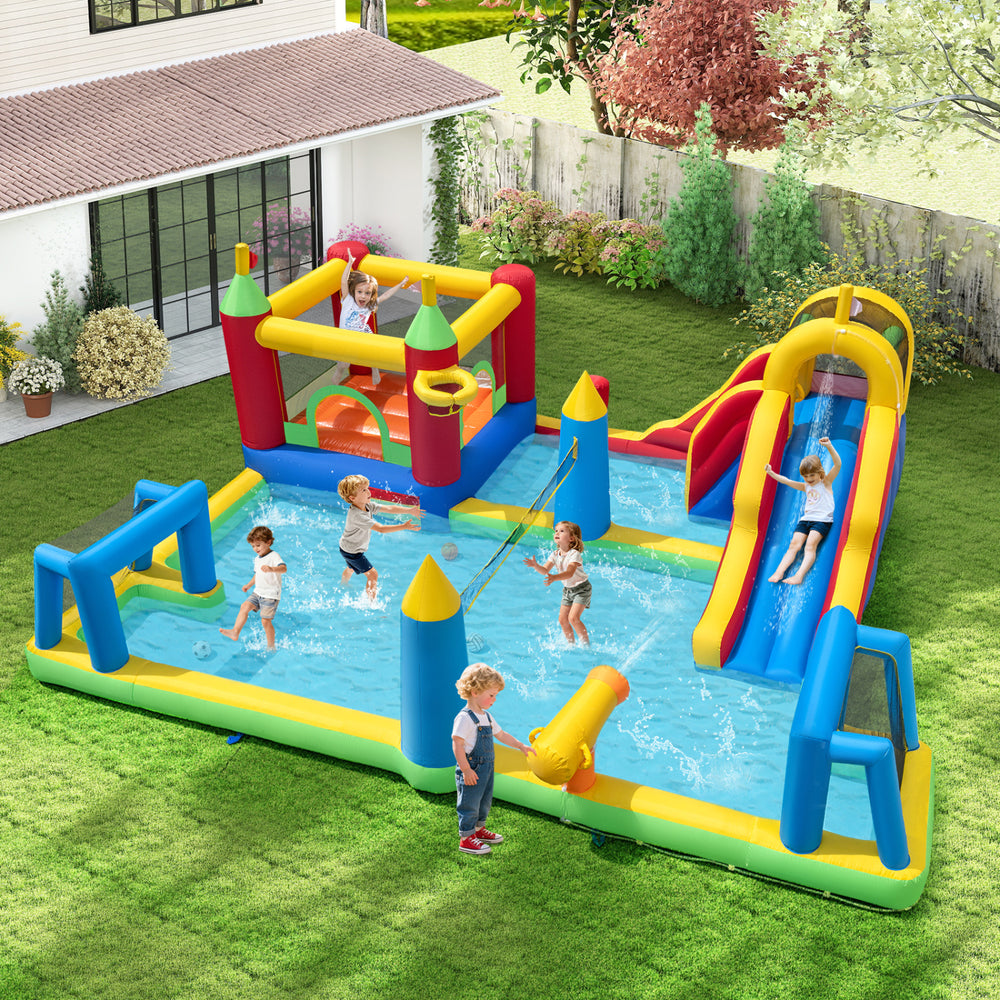 Colorful inflatable water slide bounce house with climbing, sliding, and jumping features for summer fun.