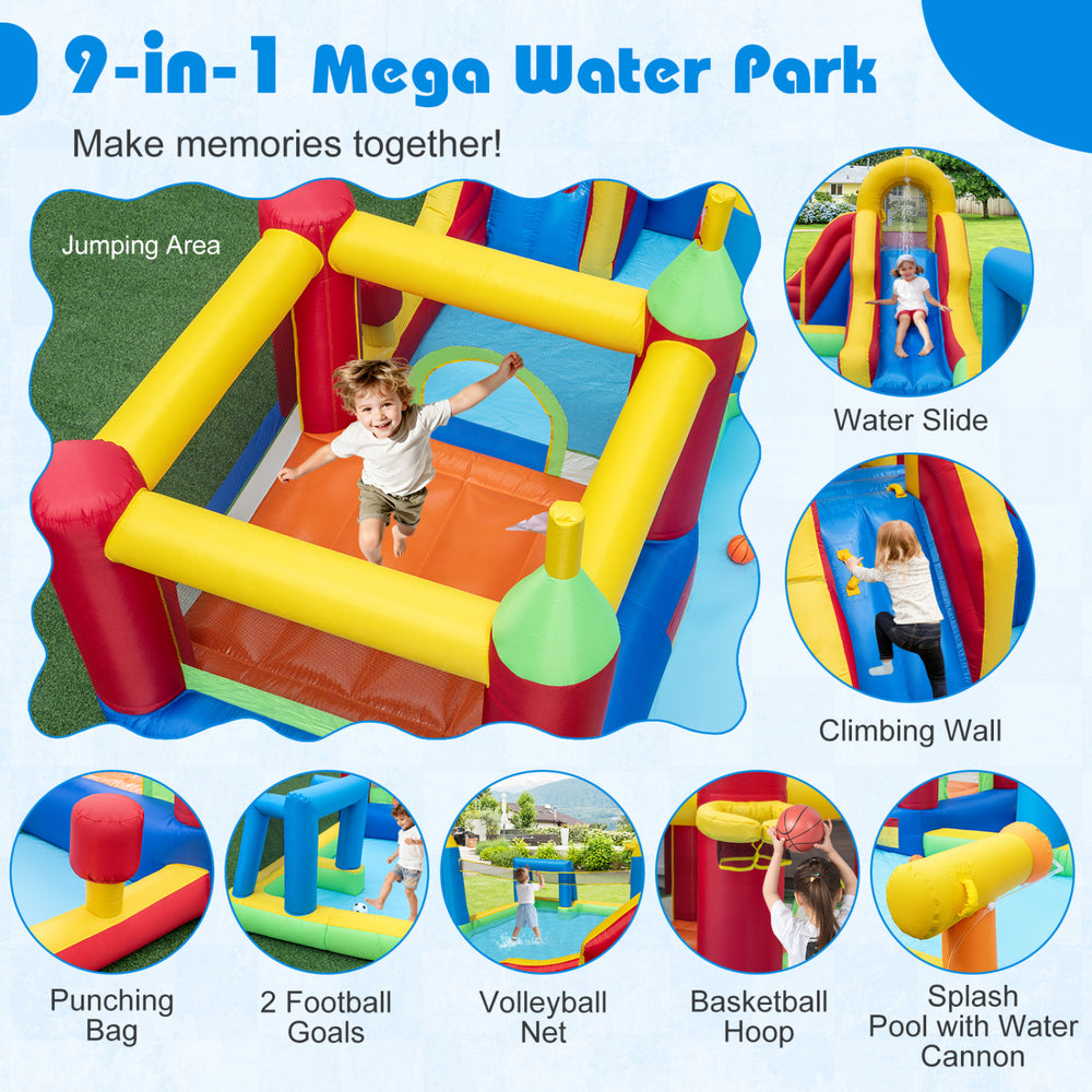 Inflatable water slide bounce house featuring a jumping area, climbing wall, and water cannon for summer fun.
