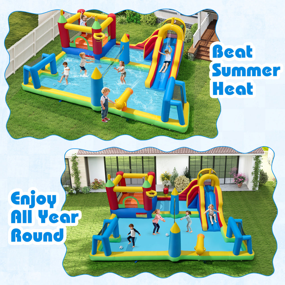 Inflatable water slide bounce house with climbing, sliding, and sports features for wet and dry play, perfect for.