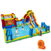Colorful inflatable water slide bounce house with climbing, sliding, and sports features for summer fun.