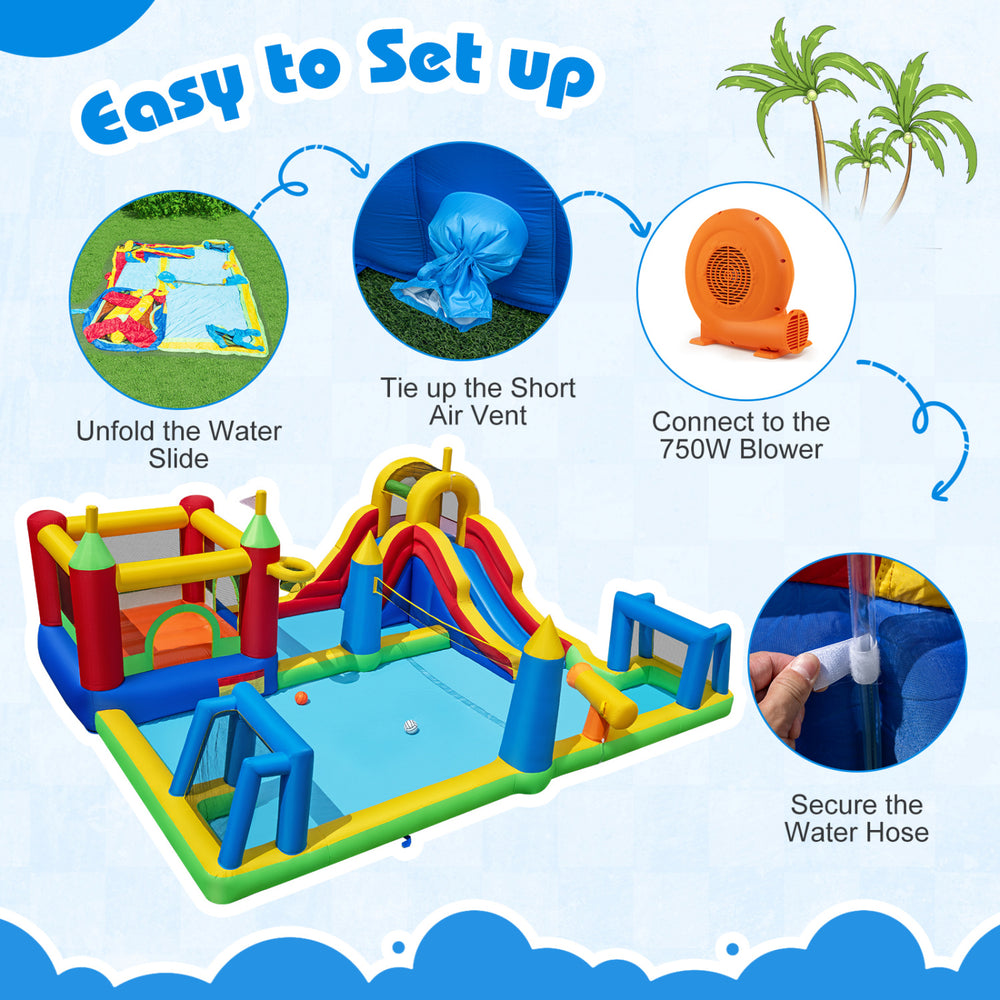 Inflatable Water Slide Bounce House with 750W blower, featuring jumping, climbing, sliding, and water activities for.