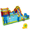 Colorful inflatable water slide bounce house with climbing, sliding, and sports activities for kids' summer fun.