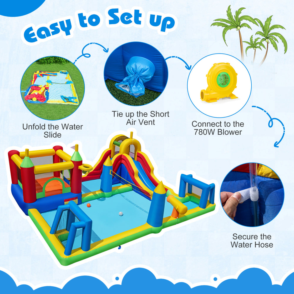 Inflatable Water Slide Bounce House with 780W blower, featuring jumping, climbing, and sliding activities for outdoor.
