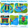 Dinosaur-themed inflatable water slide park featuring double slides, splash pool, and climbing wall for kids' fun.