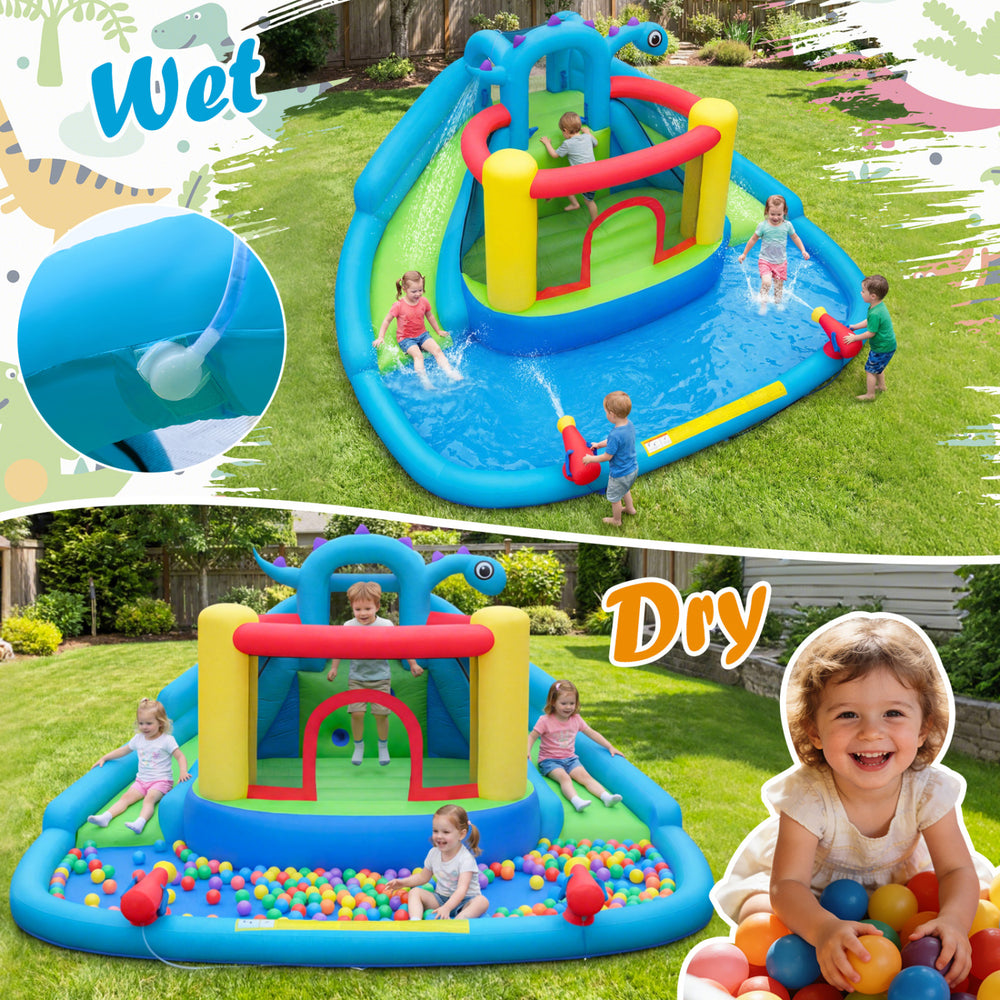 Dinosaur-themed inflatable bounce house with colorful ball pit and double slides for interactive outdoor play.