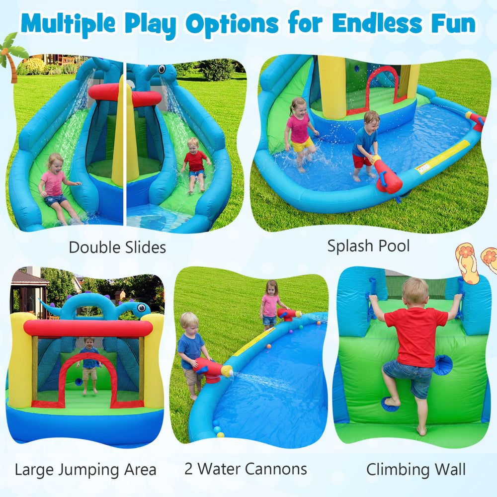 Dinosaur-themed inflatable water slide park featuring double slides, splash pool, and climbing wall for backyard fun.
