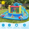Dinosaur-themed inflatable water slide park with double slides, splash pool, and climbing wall for kids' outdoor fun.