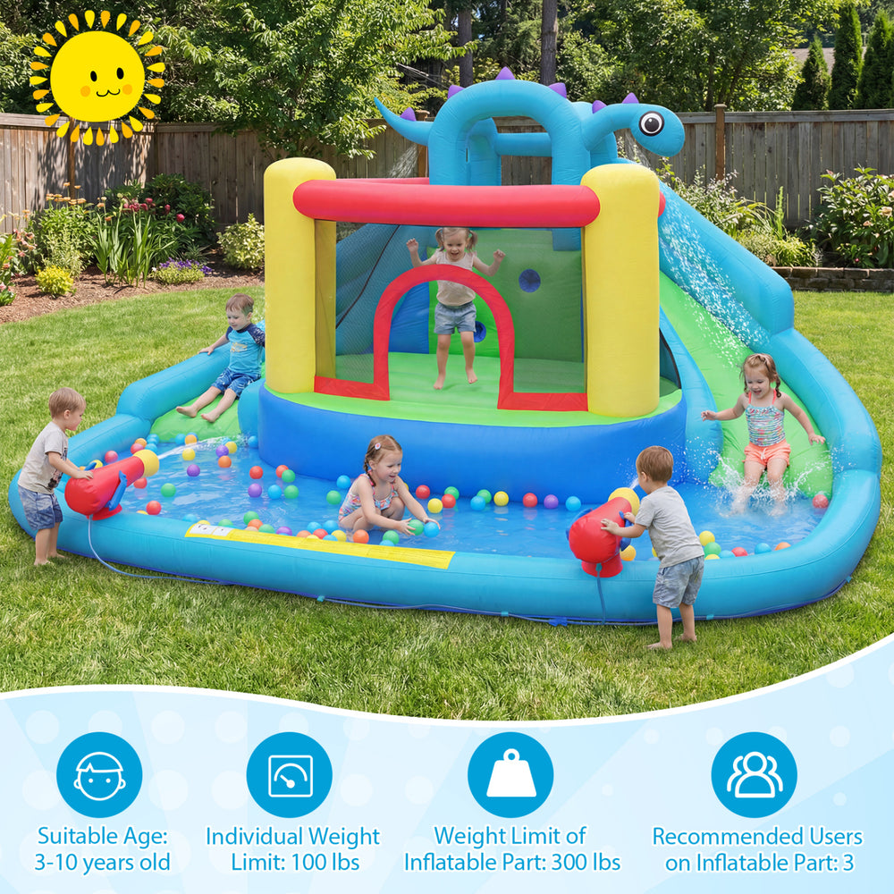 Dinosaur-themed inflatable water slide park with double slides, splash pool, and climbing wall for kids' outdoor fun.