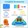 Dinosaur-themed inflatable water slide park with double slides, splash pool, and included 750W blower for backyard fun.