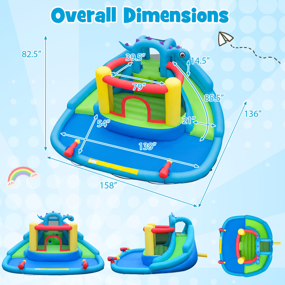 Overall dimensions of the dinosaur-themed inflatable water slide park, showcasing its size and play area for kids'.