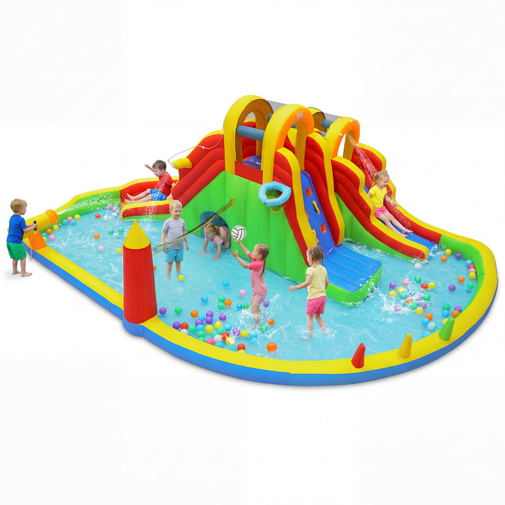 Children enjoying the inflatable water slide park with climbing walls, splash pool, and fun games for outdoor.