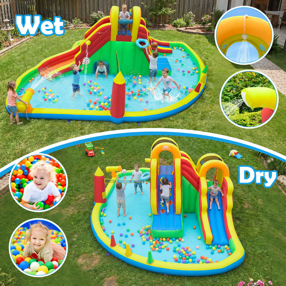 Inflatable water slide park featuring two long slides, climbing walls, and a splash pool for yard parties and family.