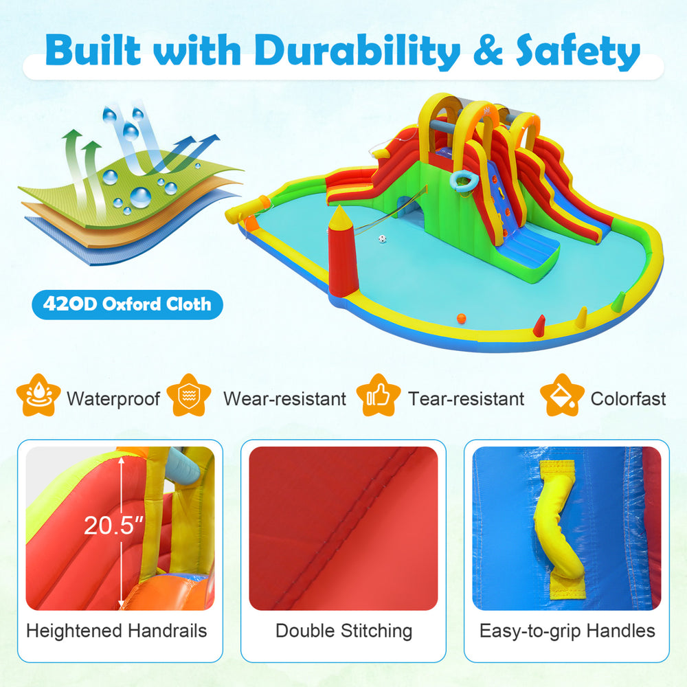 Inflatable water slide park featuring two long slides, climbing walls, and a large splash pool for yard parties.